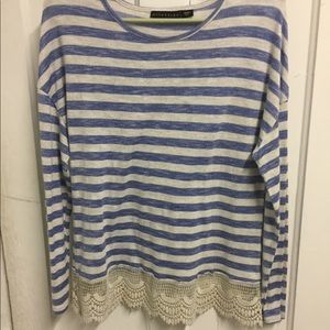 Blue and white striped sweater with lace bottom